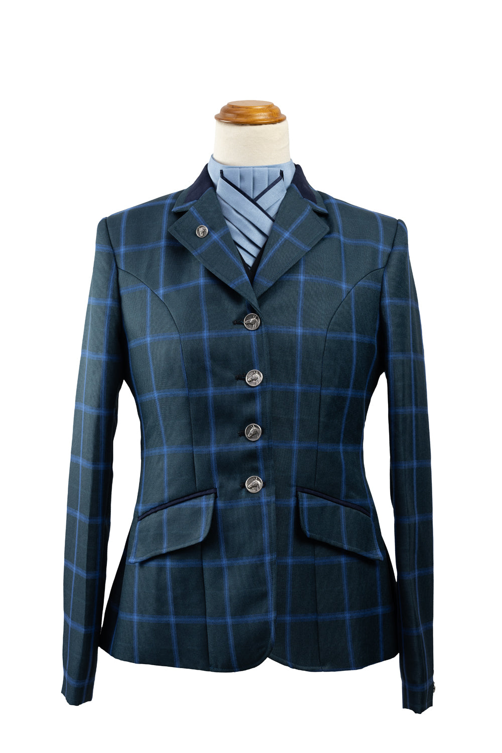 30 - 2024 Ladies Bottle Green wool blend tweed (with bold cornflower blue overcheck) Jacket