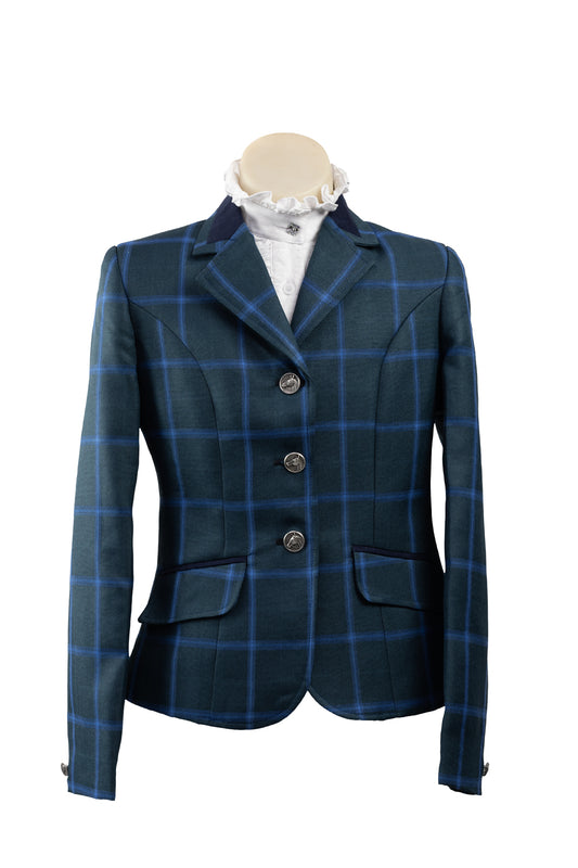 2024 - 06 Childrens Bottle green wool blend tweed with bold cornflower blue overcheck Jacket