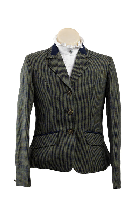 2024 - 07 Childrens houndstooth pure wool tweed with hues of soft green, navy, black and caramel Jacket