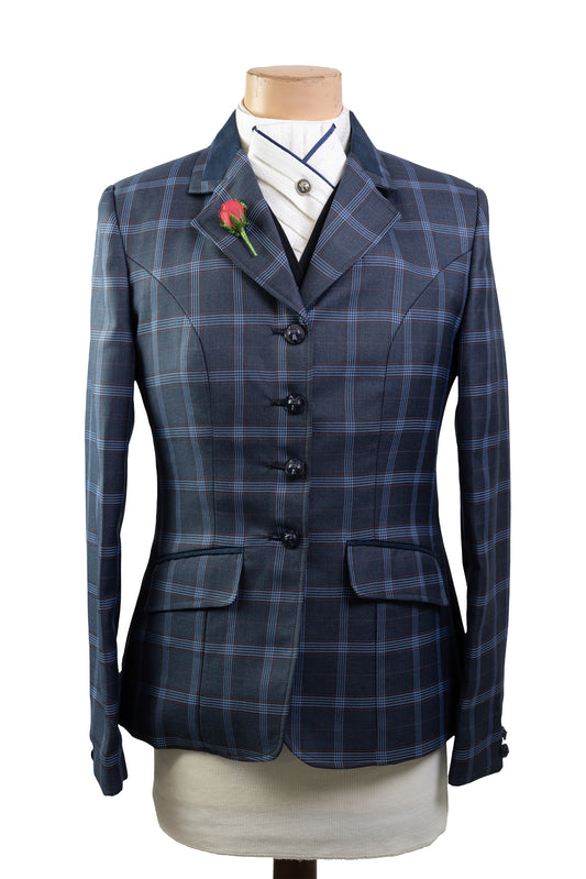 7 - 2022 Ladies Slate blue/navy fine wool tweed with a pale blue and burgundy overcheck Jacket