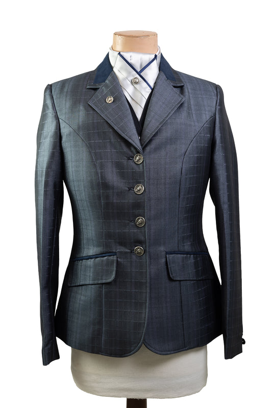 6 - 2022 Ladies Smokey blue/grey wool blend with a subtle sheen and self pattern Jacket